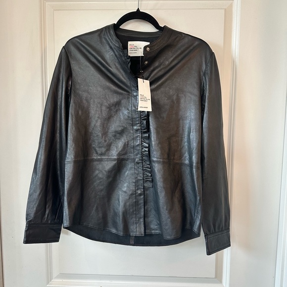NEW Leon & Harper Designer Black 100% Lambs Leather Ruffle Snap Button Shirt, M - Picture 9 of 10